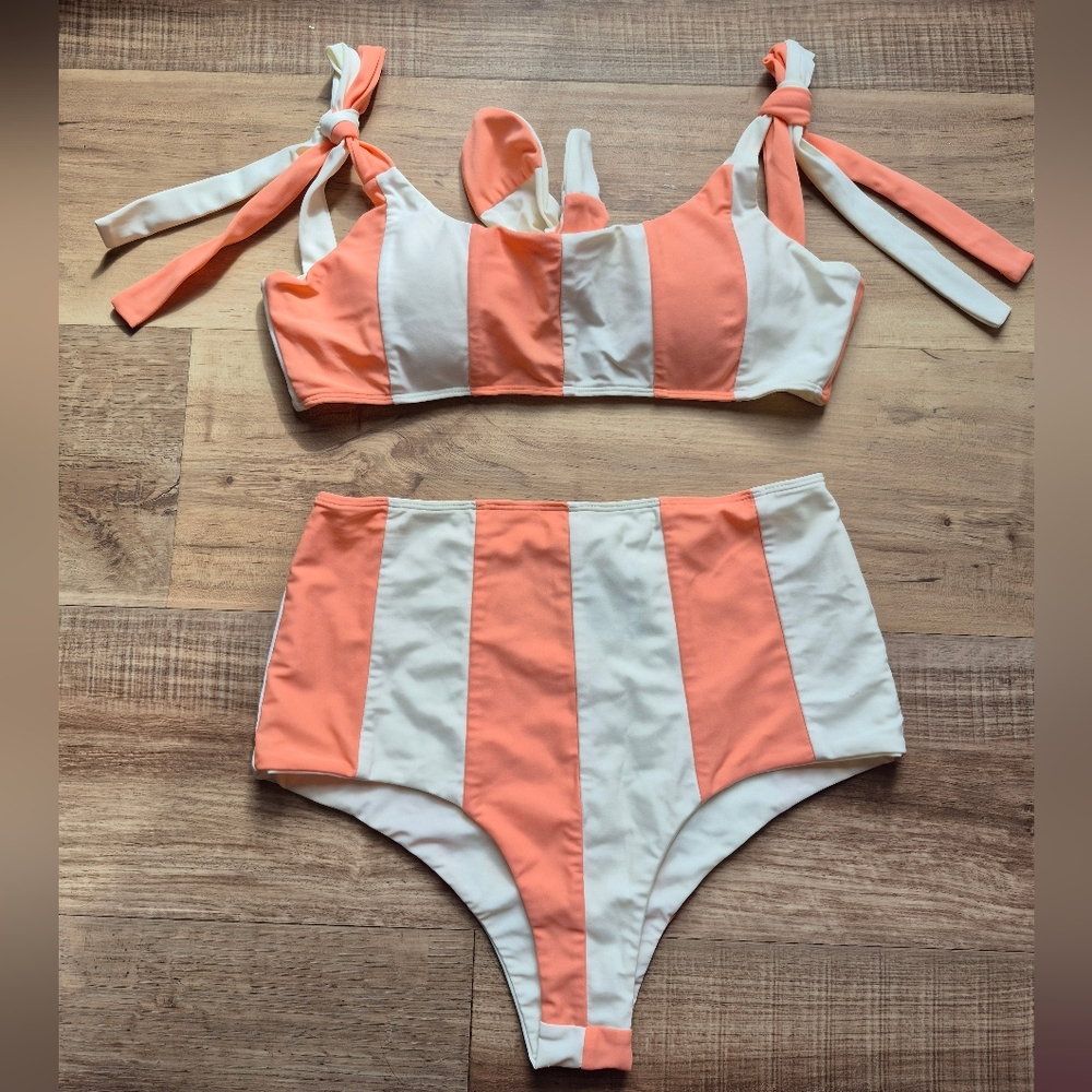 Paper London Retro Striped Orange and White Bikini Pin Up Set Med Perfect EUC
